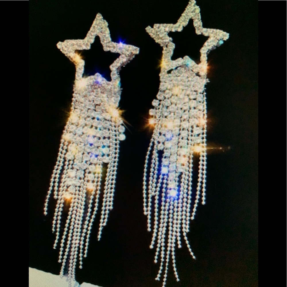 Statement Star Fringe Drop Earrings - Silver Crystal